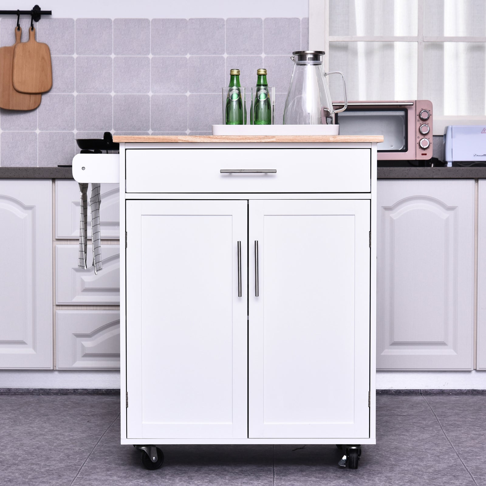 HOMCOM Wooden Kitchen Island Cart: White Rolling Serving Trolley with Storage Drawer, Towel Bar & Wheeled Mobility
