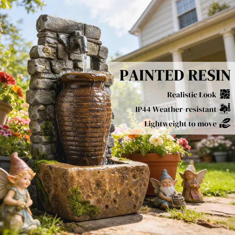 Outdoor Water Fountain Adjustable Water Flow Garden Fountain with LED Lights Rustic Urn Design