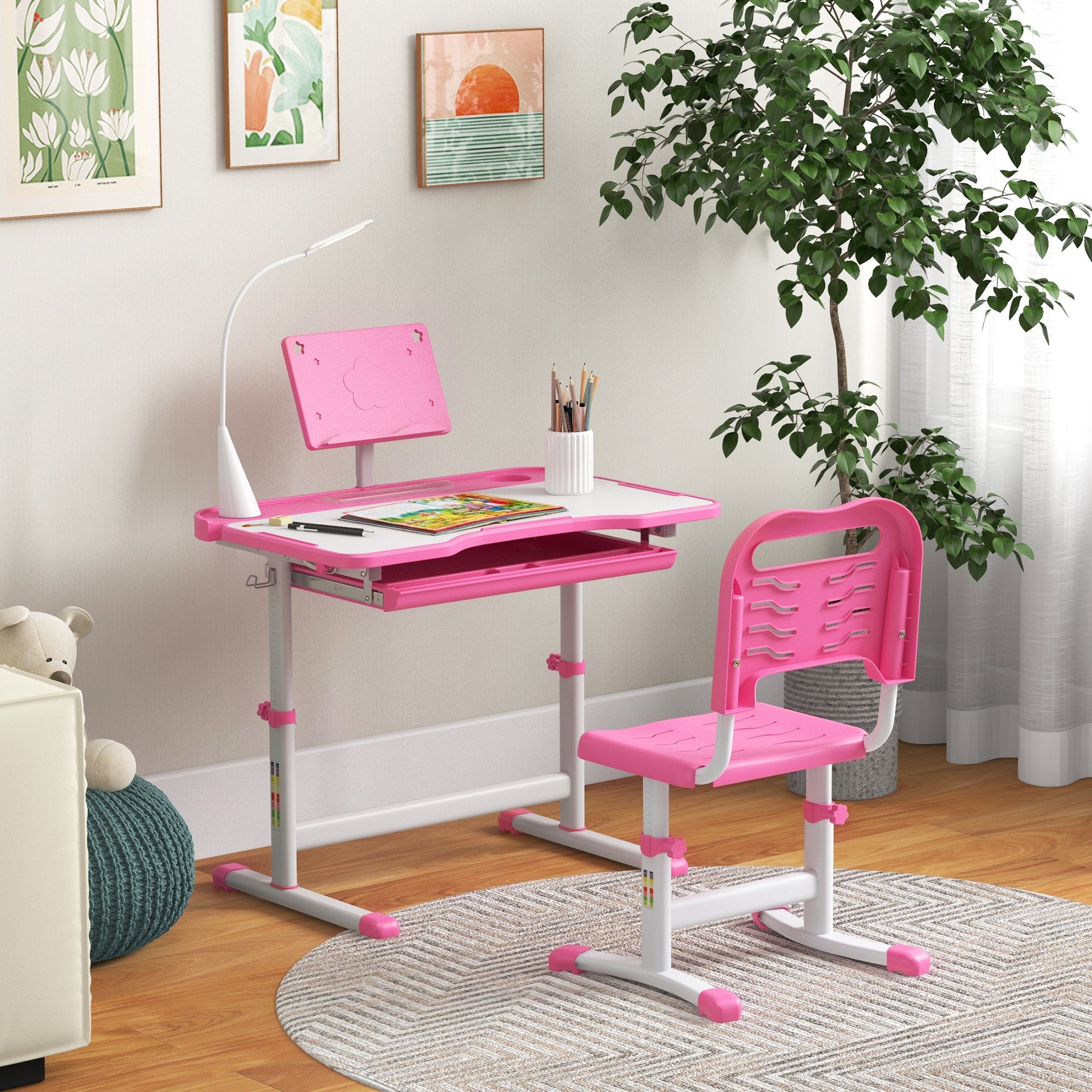Qaba Kids Desk and Chair Set Height Adjustable Student Writing Desk Children School Study Table with Tilt Desktop, Pink