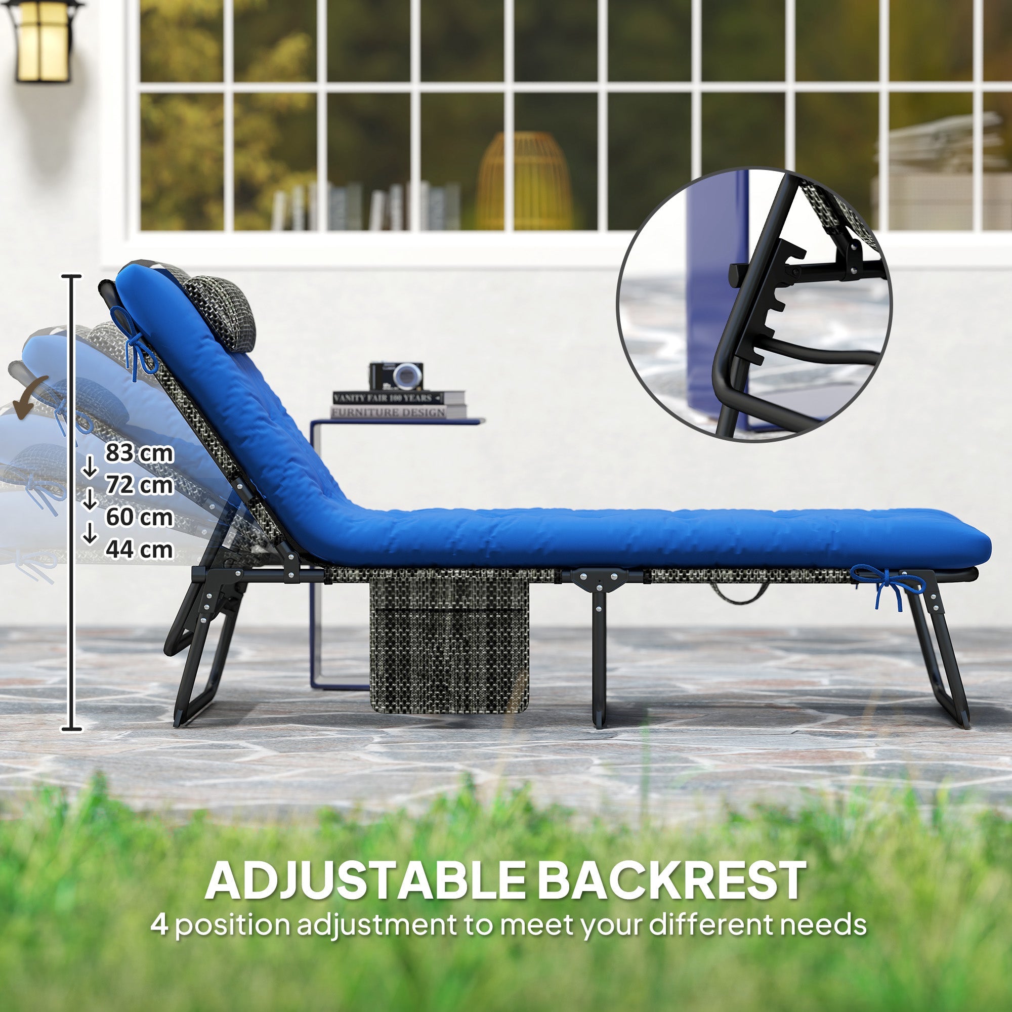 Outsunny 2 Pieces Folding Lounge Chairs with 4-level Reclining Back, Tanning Chair with Cushion, Sun Lounger with Breathable Mesh Fabric, Side Pocket, Headrest, Blue