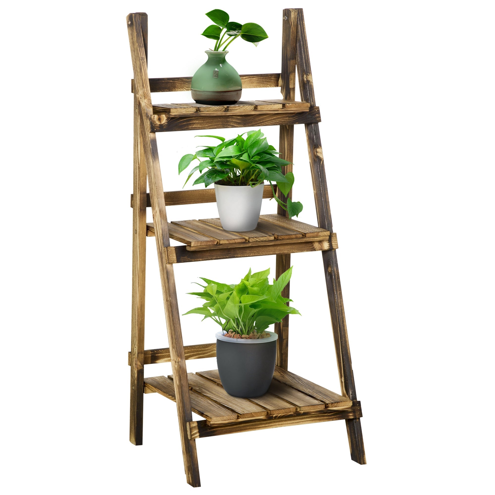 Outsunny Outdoor Plant Stand, Foldable Flower Stand 3-Tier Wooden Plant Shelf for Garden Indoor Outdoor, 16" x 15" x 37''