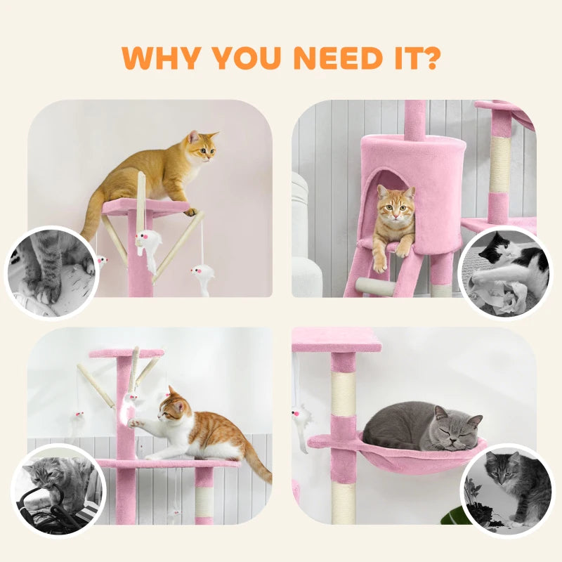 53" Cat Tree Tower, Kitten Activity Centre with Scratching Posts, Condo, Perches, Ladder, Hammock, Dangling Toys, Pink