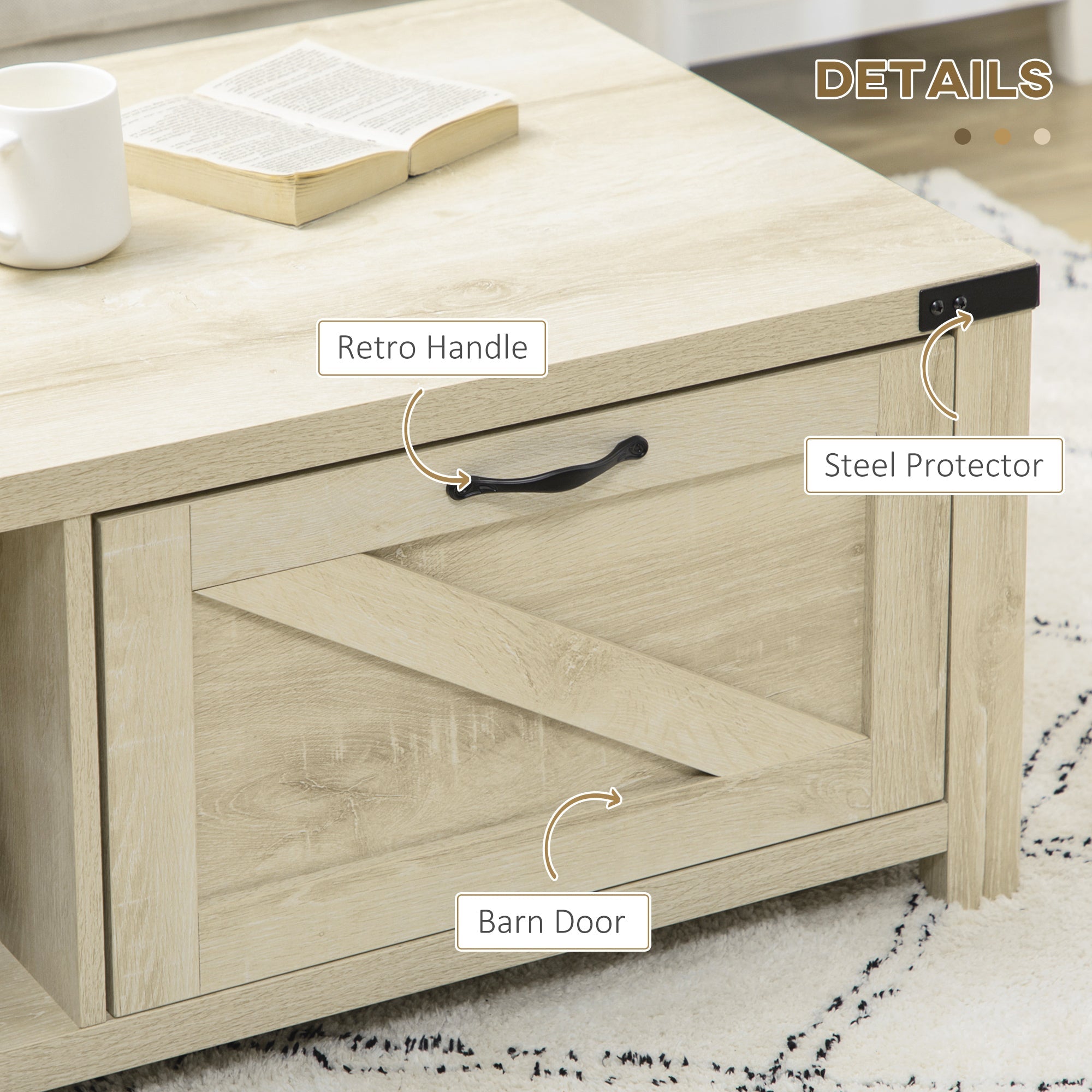 HOMCOM White Oak Farmhouse Coffee Table: Rustic Center Table with Drawer and Storage Shelf for Living Room