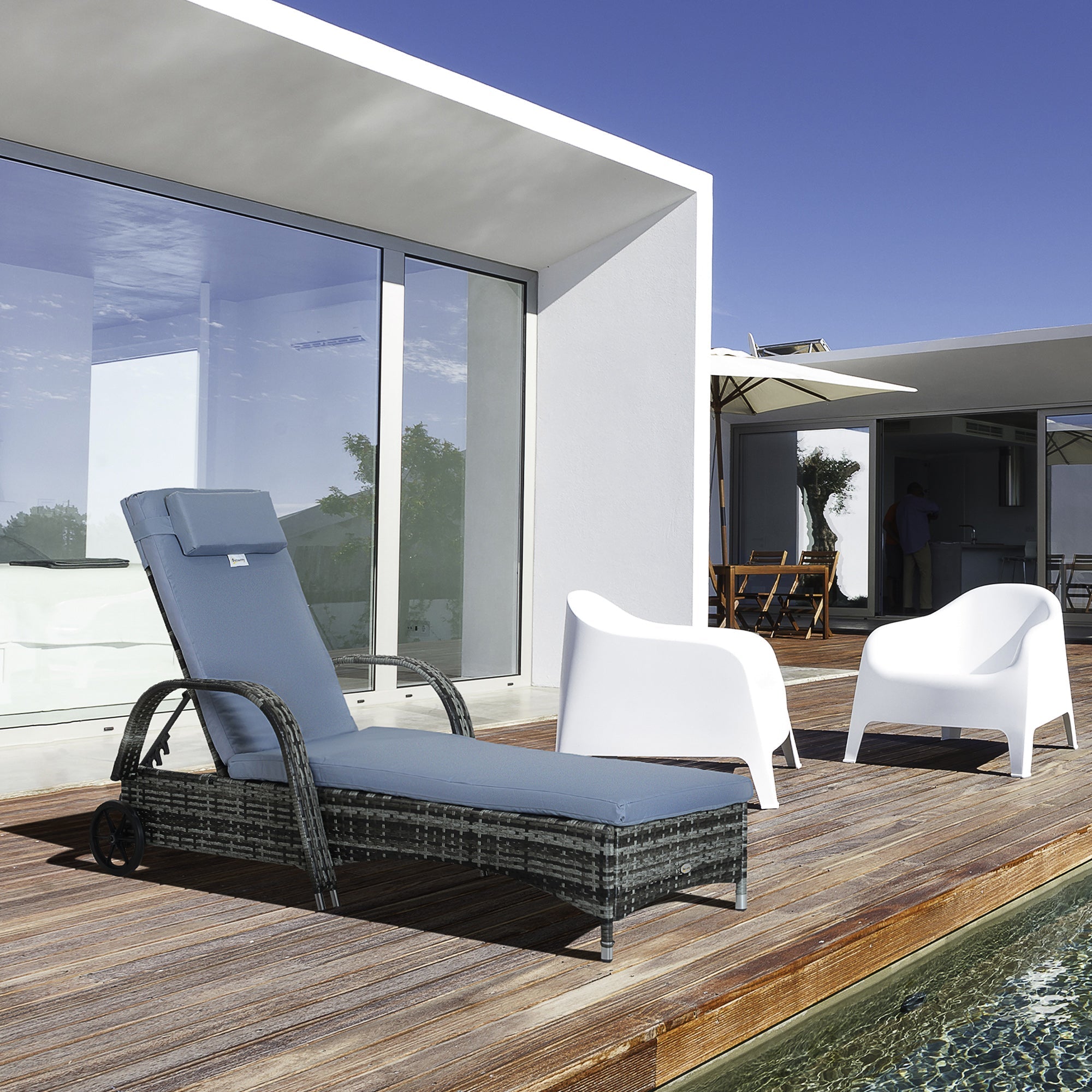 Outsunny Outdoor Rattan Wicker Chaise Lounge Chair Height Adjustable Backrest Grey