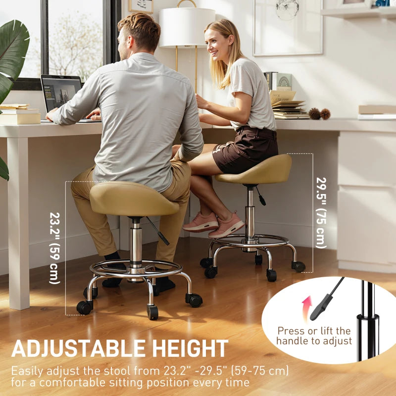 PU Leather Rolling Stool, Height Adjustable Swivel Salon Chair with Backrest and Foot Rest for Spa, Tattoo, Light Brown
