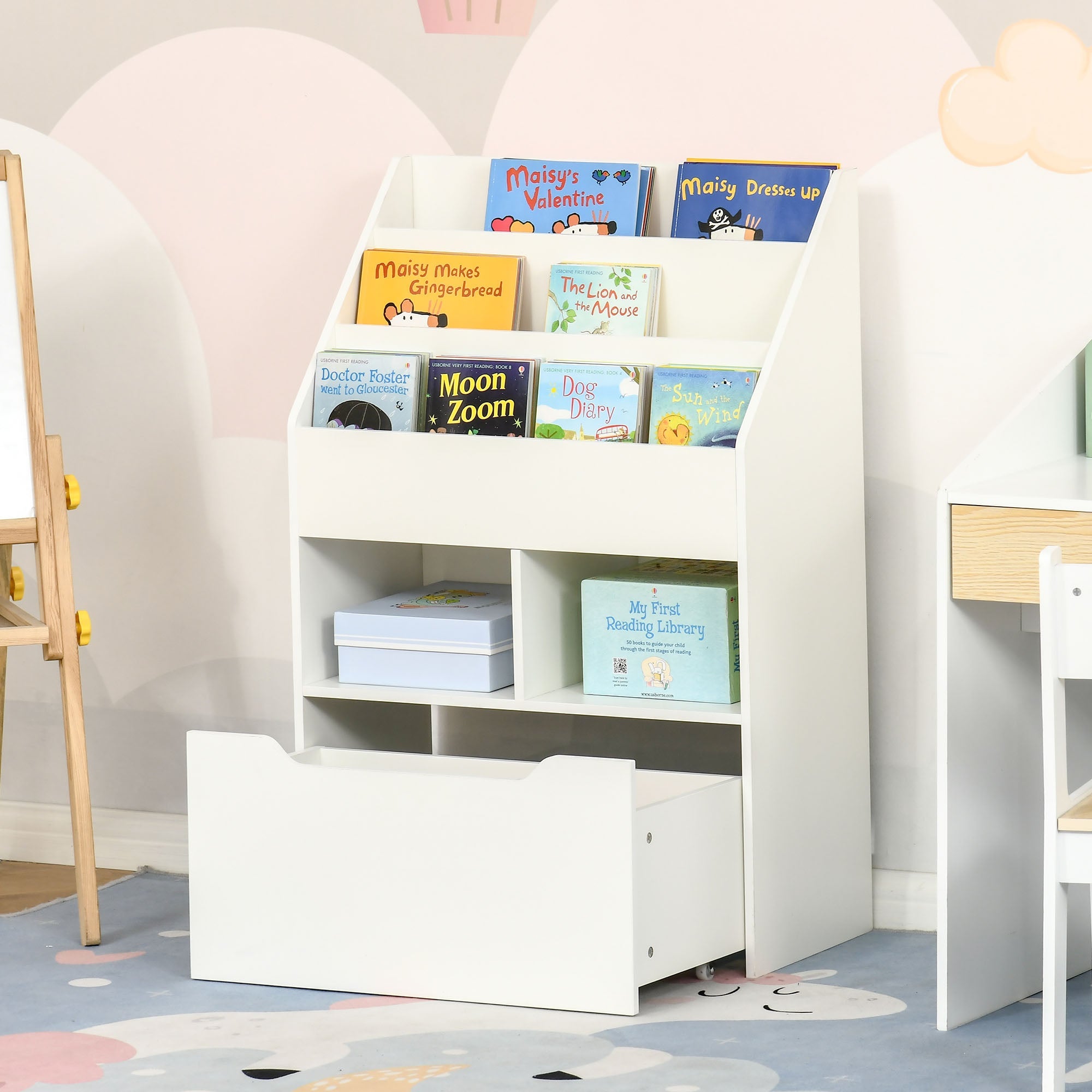 HOMCOM Kids Bookcase Multi Shelf Rack Organizer Storage Drawer Reading Nook Classroom Bedroom Playroom White
