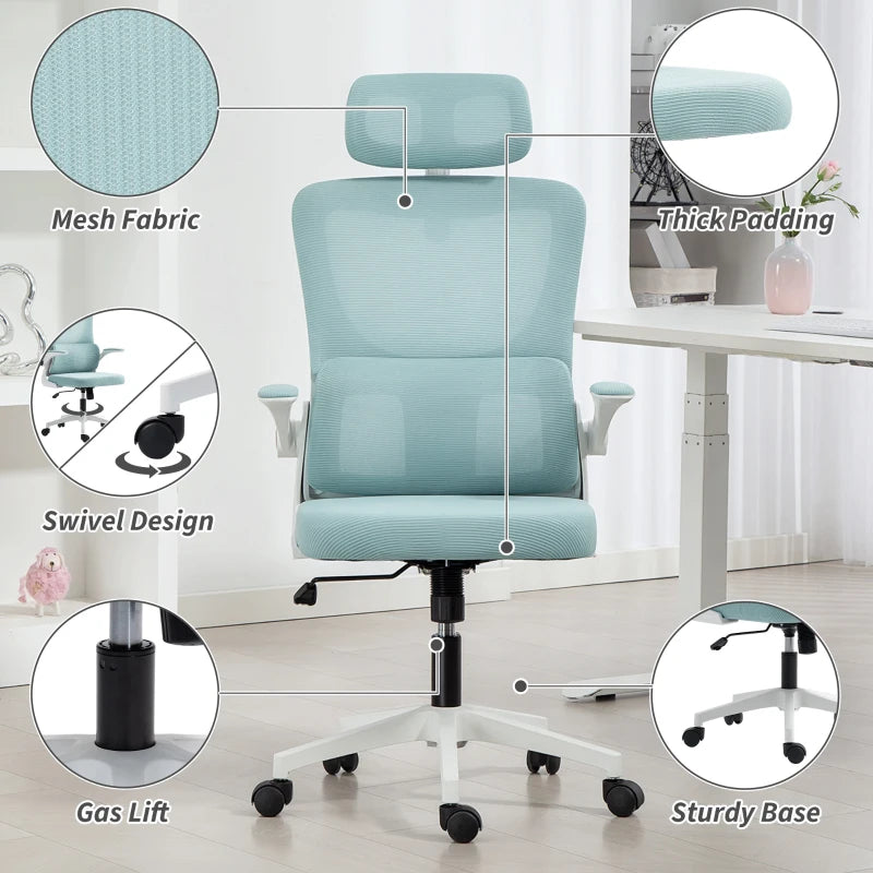 High Back Office Chair, Mesh Computer Chair with Rotatable Headrest, Lumbar Back Support, Adjustable Height, Light Blue