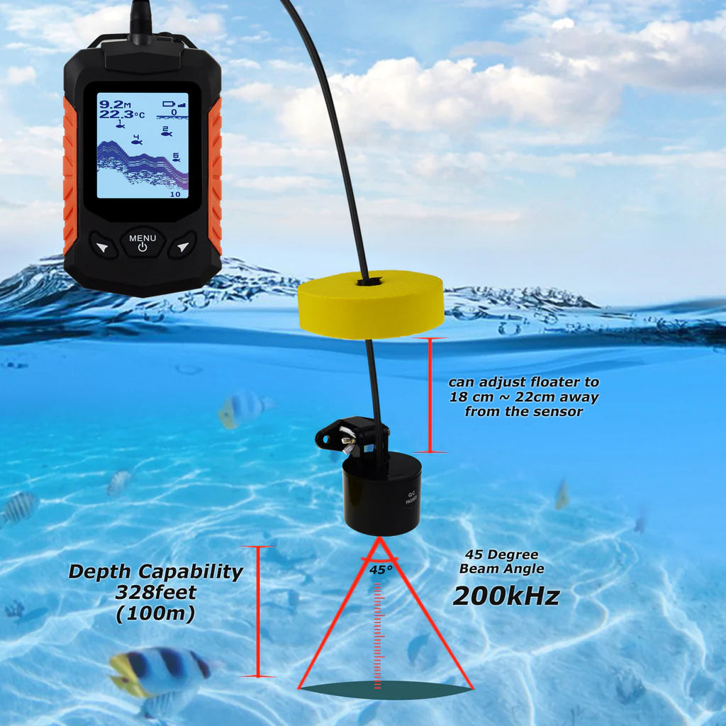 FF-168D Portable Fish Finder, 328 ft Depth Detection, 2.2" LCD Display, Wired Sonar with Fish Alarm & Zoom