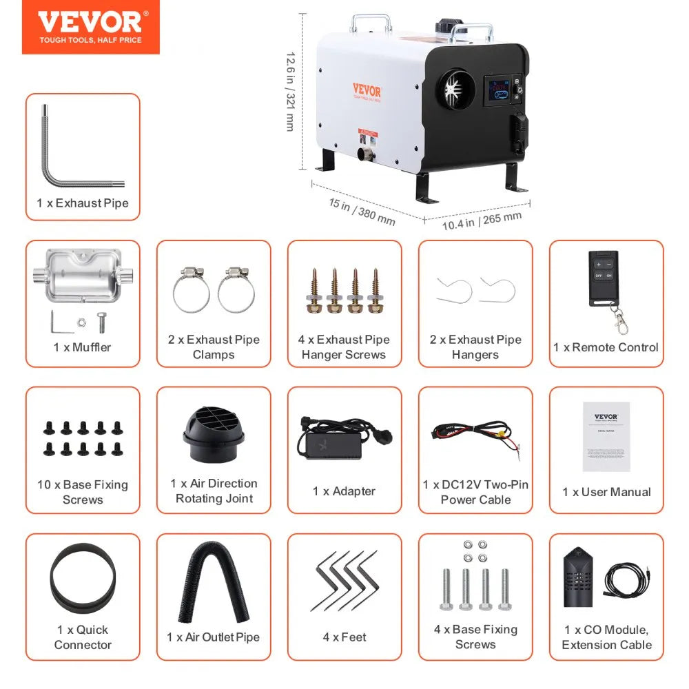 VEVOR 8KW Diesel Heater, 12V/24V All-in-One Air Heater, Bluetooth App, Remote & Display, CO Alarm, Fast Heating Horizontal Portable Heater for Vehicles & Garage