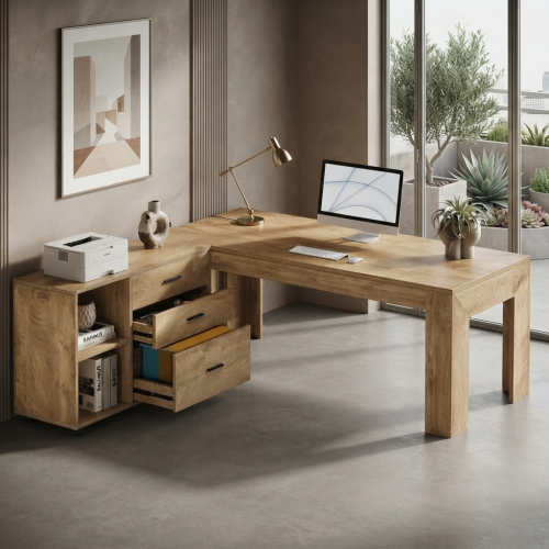 63" L-Shaped Executive Desk with Storage, 3 Drawers & Mobile Lateral File Cabinet, Home Office Computer Workstation