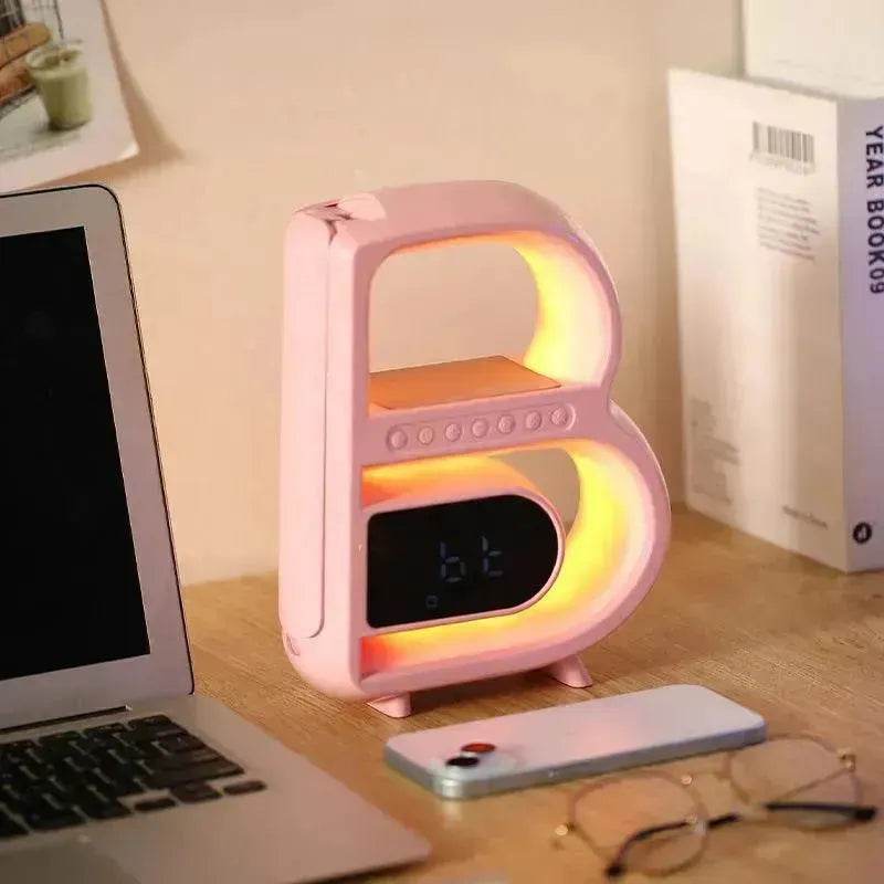 2025 New B-Shaped Portable Bluetooth Speaker Multifunctional Smart Music Rhythm LED Lighting Phone Wireless Charger TF Card AUX Input Standard Mode