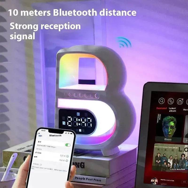 2025 New B-Shaped Portable Bluetooth Speaker Multifunctional Smart Music Rhythm LED Lighting Phone Wireless Charger TF Card AUX Input Standard Mode