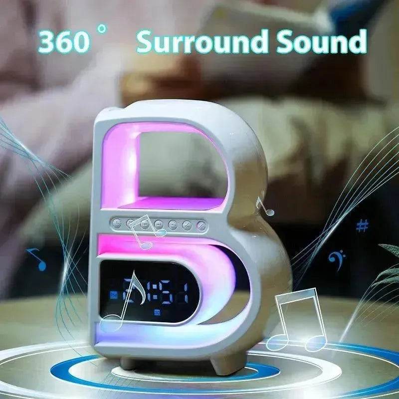 2025 New B-Shaped Portable Bluetooth Speaker Multifunctional Smart Music Rhythm LED Lighting Phone Wireless Charger TF Card AUX Input Standard Mode