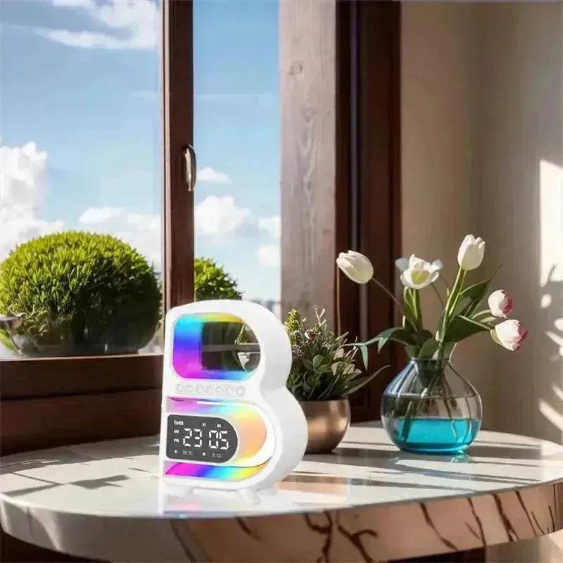 2025 New B-Shaped Portable Bluetooth Speaker Multifunctional Smart Music Rhythm LED Lighting Phone Wireless Charger TF Card AUX Input Standard Mode