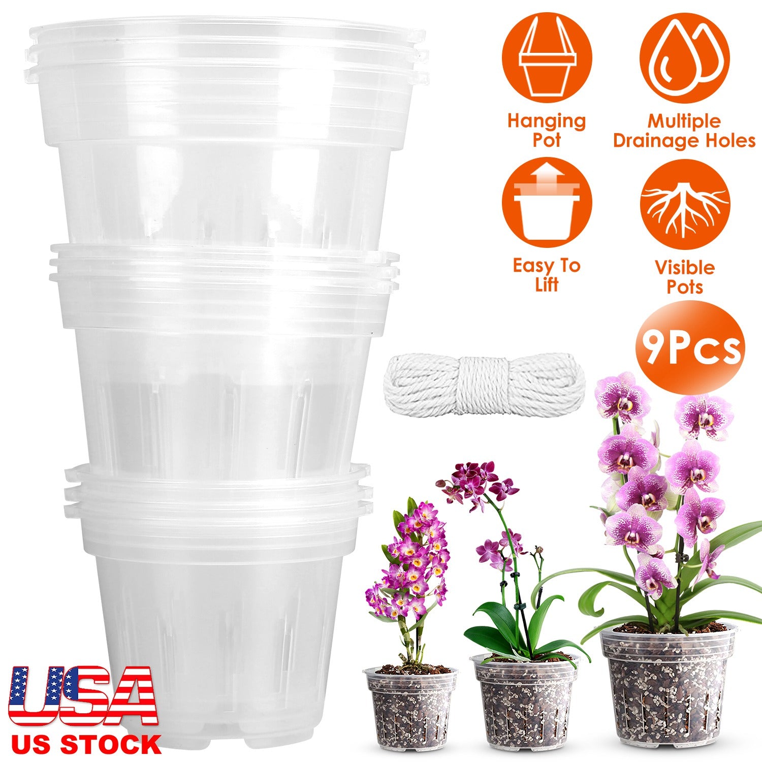 9Pcs Orchid Pots Clear Reusable Plastic Flower Plant Nursery Planter Seed Starter Pots with Drainage Holes with 32.8FT Rope 4.72in/5.51in/6.29in