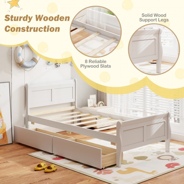 Twin Size Sleigh Bed with 2 Storage Drawers Wood Platform Bed Frame-White
