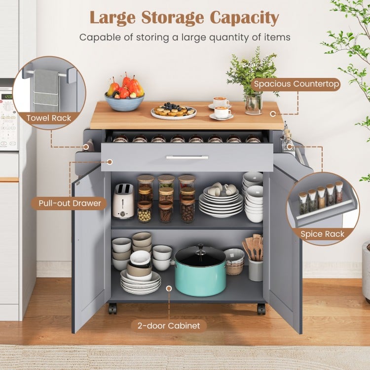 Rolling Kitchen Island Cart with Towel and Spice Rack-Gray