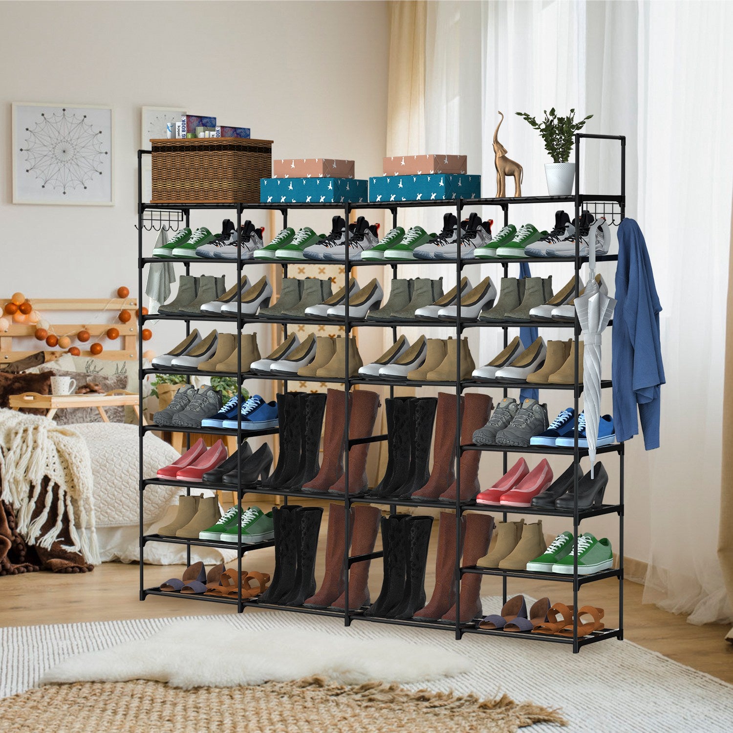 8-Tier 4-Row Shoe Rack Metal Shoe Storage Shelf Free Standing Large Shoe Stand 56 Pairs Shoe Tower Unit Tall Shoe Organizer with 2 Hooks for Entryway