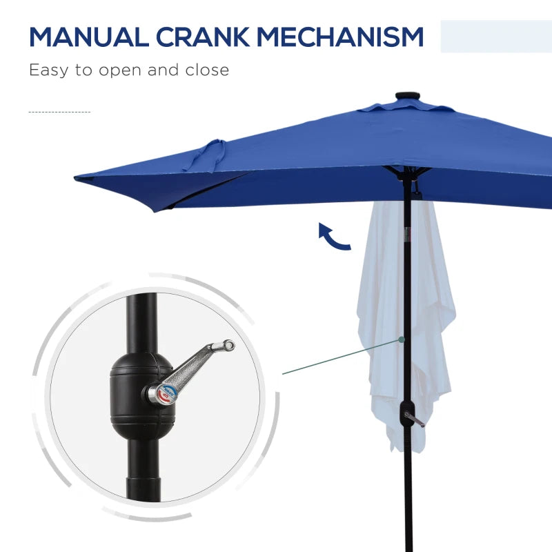 6' x 10' Patio Umbrella with 22 LED Solar Lights and Tilt, Rectangular Outdoor Table Umbrella with Crank, Dark Blue