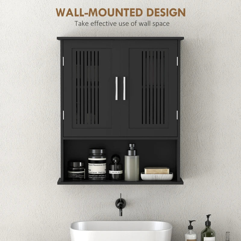 Modern Wall Mount Bathroom Cabinet, Storage Organizer with 2 Door Cabinet and Shelf, Black