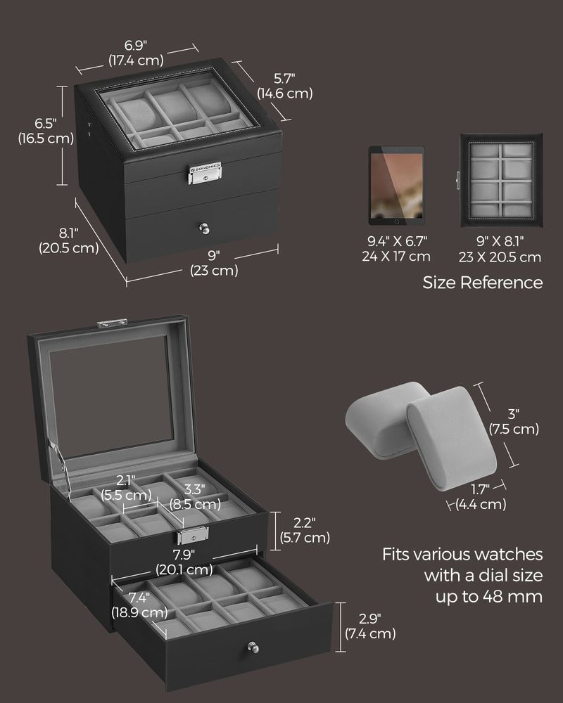 SONGMICS 16 & 20-Slot Watch Box with Glass Lid