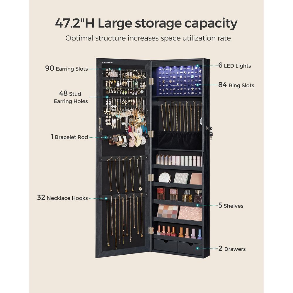 SONGMICS Lockable Wall or Door Mounted Jewelry Armoire Organizer with Mirror