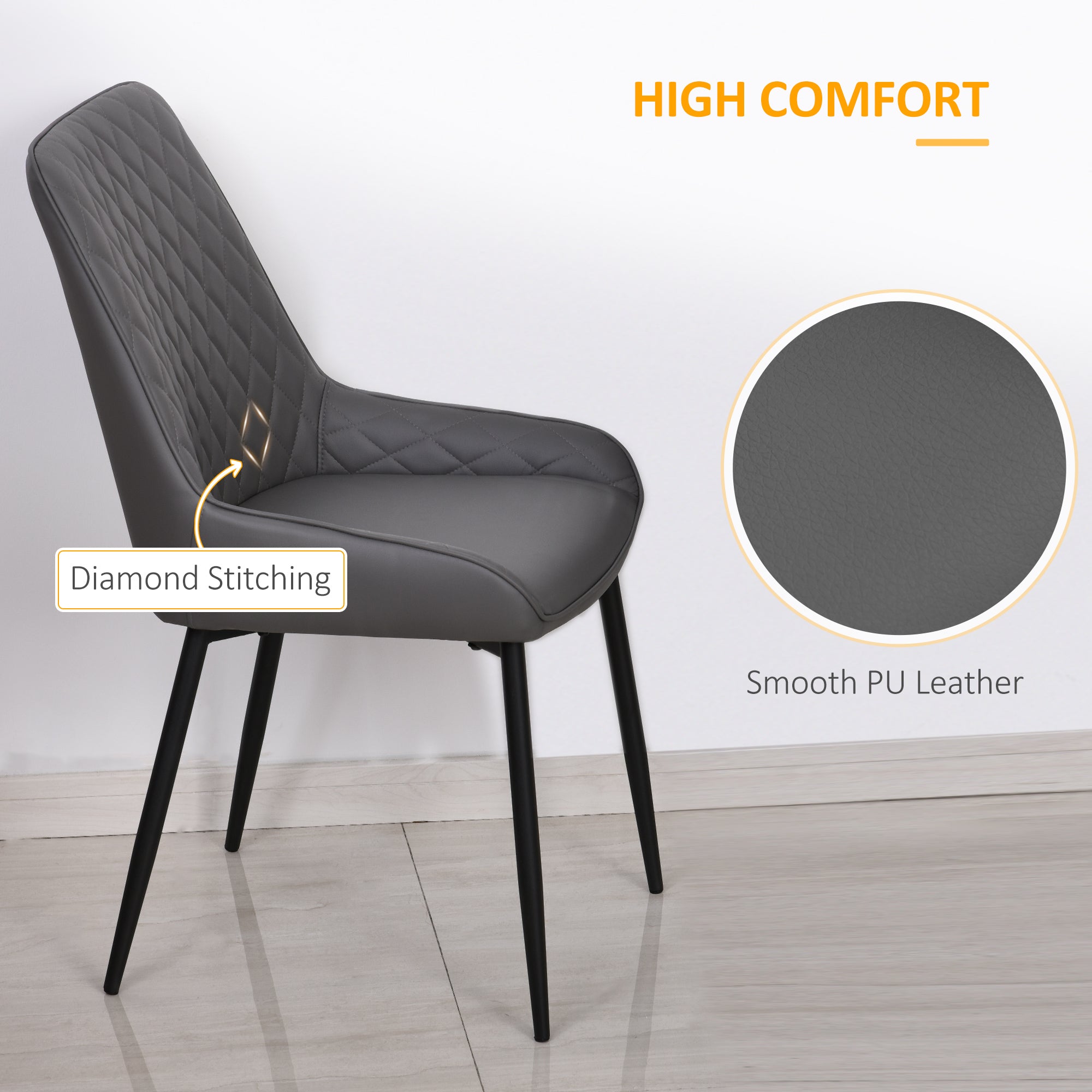 HOMCOM Mid-Century Dining Chair Pair: Grey PU Leather Padded Seats, Metal Legs, Modern for Kitchen Home Office
