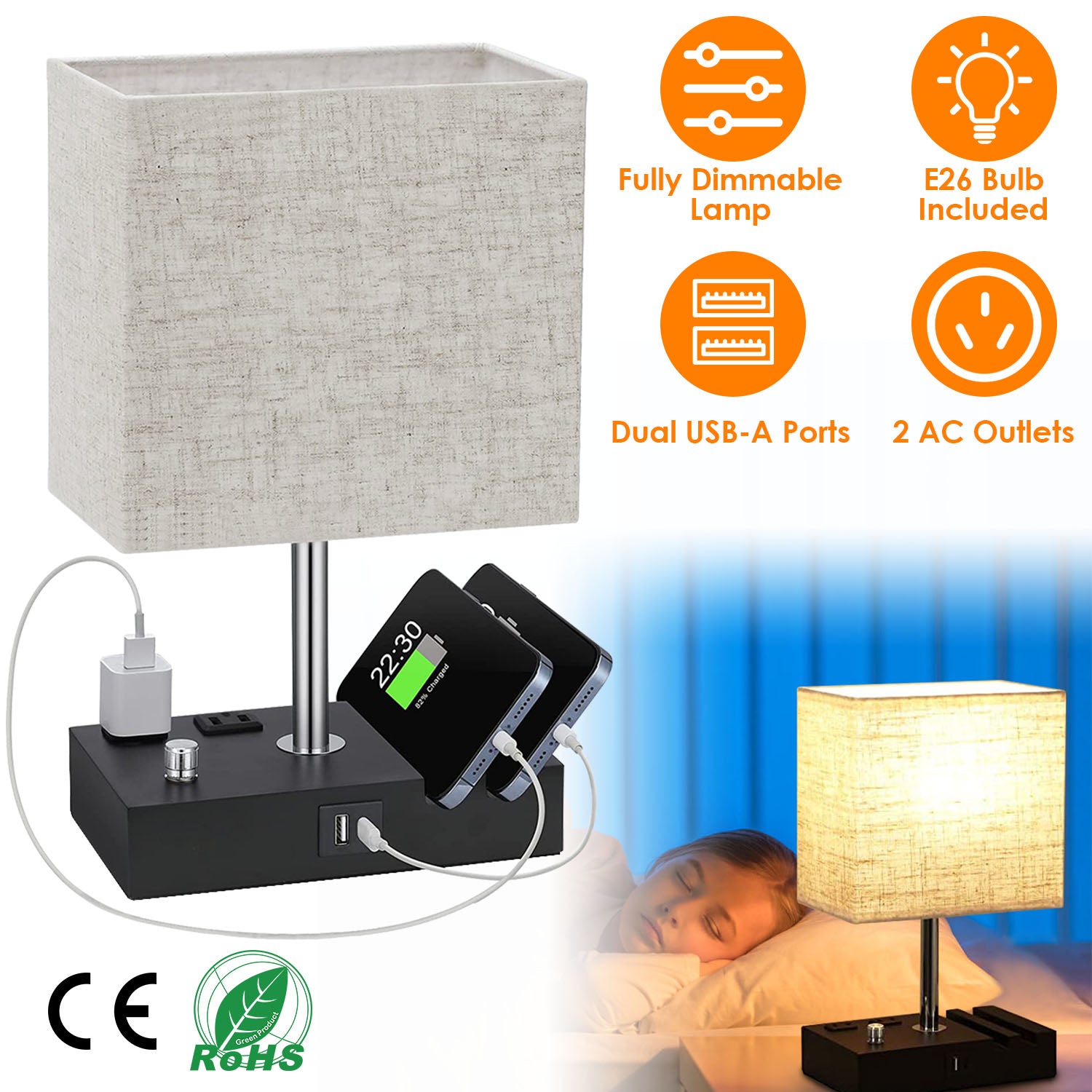 Fully Dimmable Table Lamp for Bedroom Living Room Bedside Lamp for Nightstand Dual USB Ports 2 Power Outlets LED Bulb Included