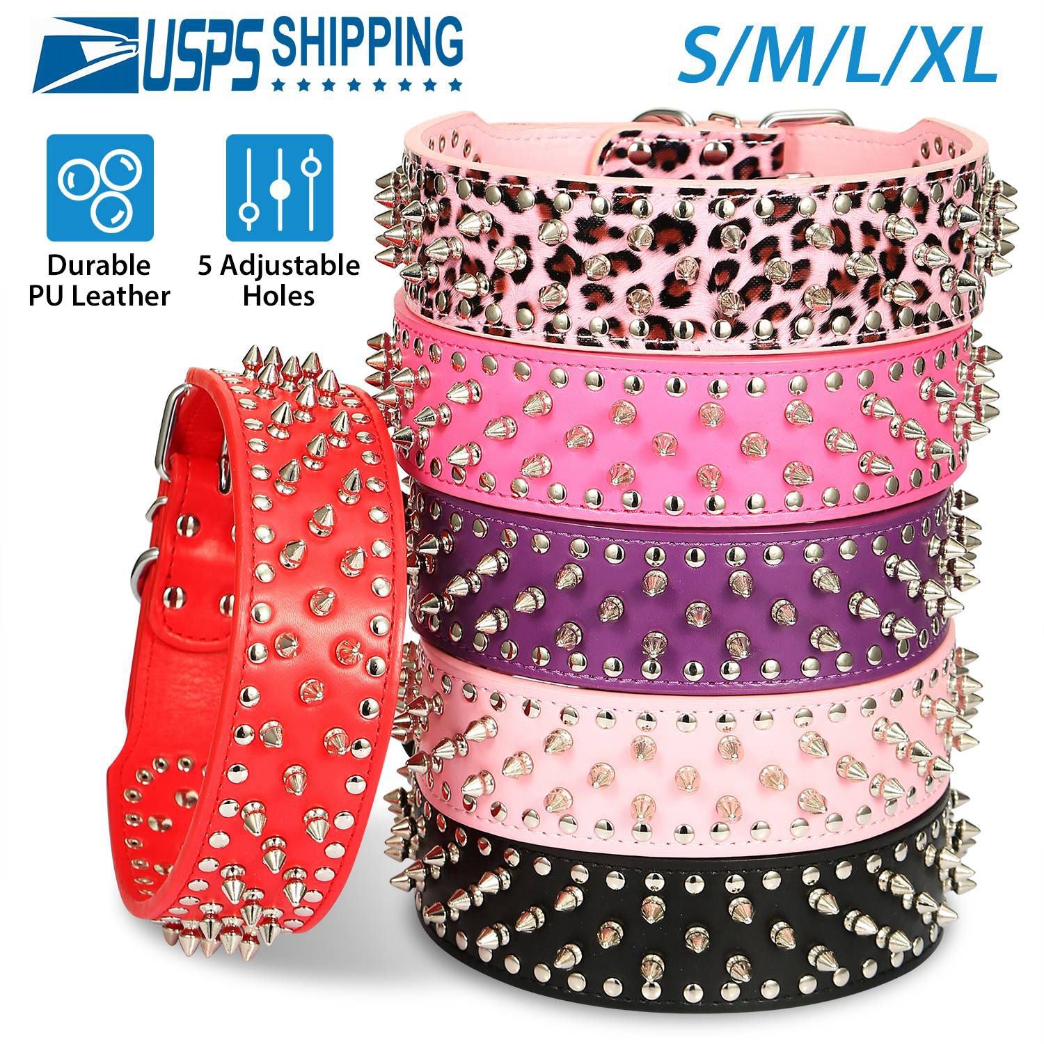 Dog Leather Collar Spiked Studded Pet Dog Collar Adjustable Neck Pitbull Mastiff Collar