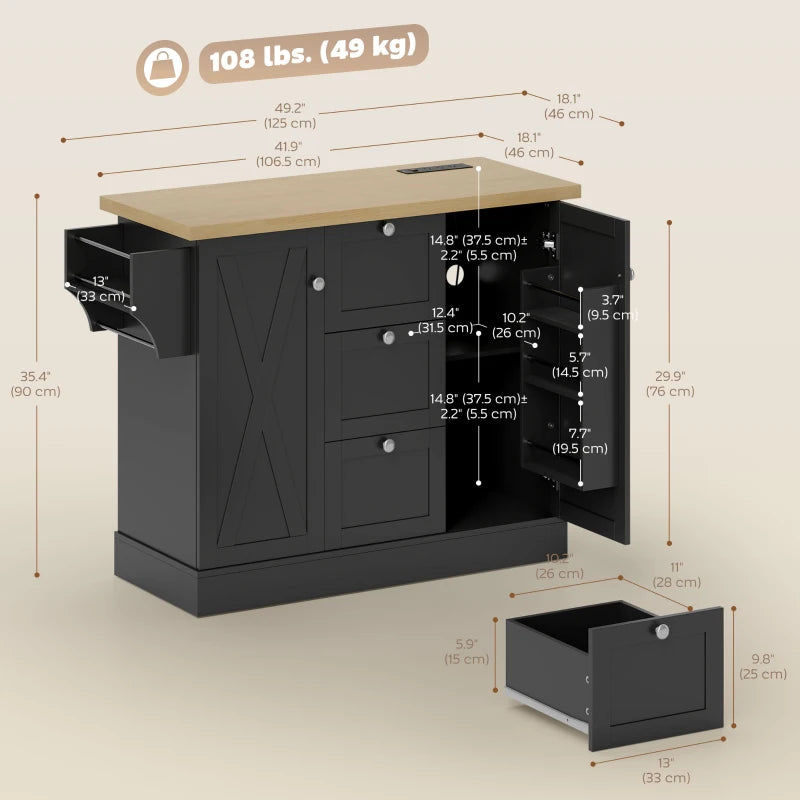 Farmhouse Kitchen Island Cart with Power Outlet and Soft-Close Doors, 49" Kitchen Island with 3 Drawers, Black