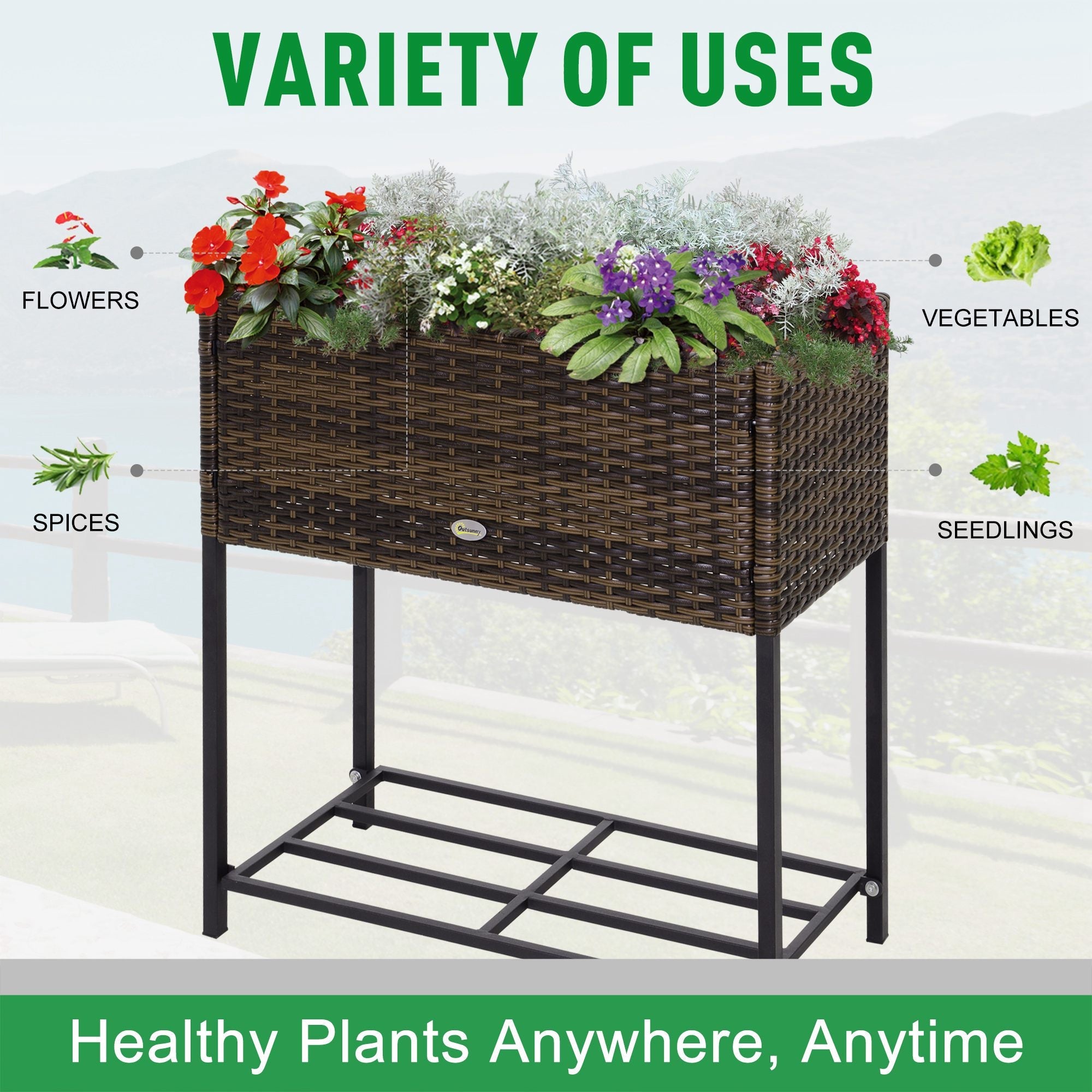 Outsunny Elevated Metal Garden Bed with Rattan Wicker Look & Tool Storage, Modern Raised Planter for Outdoor Gardening, Brown