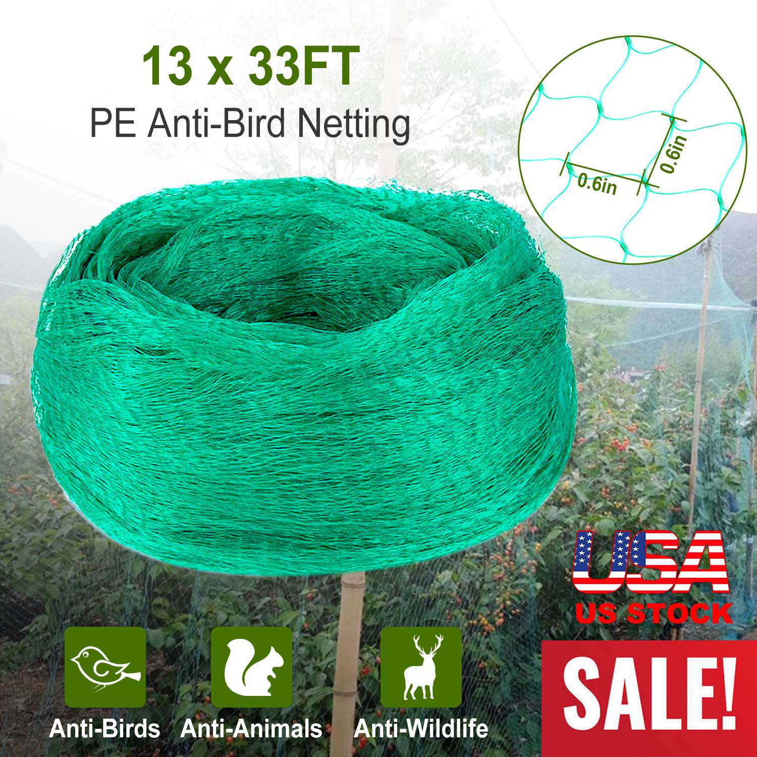 13 x 33ft Garden Netting Heavy Duty PE Anti Bird Netting Plants Fruits Tree Vegetables Protection Netting Net