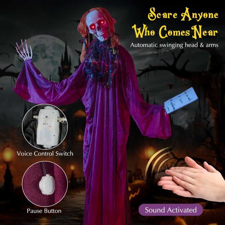 6 Feet Halloween Animatronic Standing Girl Holding Book with Sound-Activated Light-up Eyes and Moving Arms & Head
