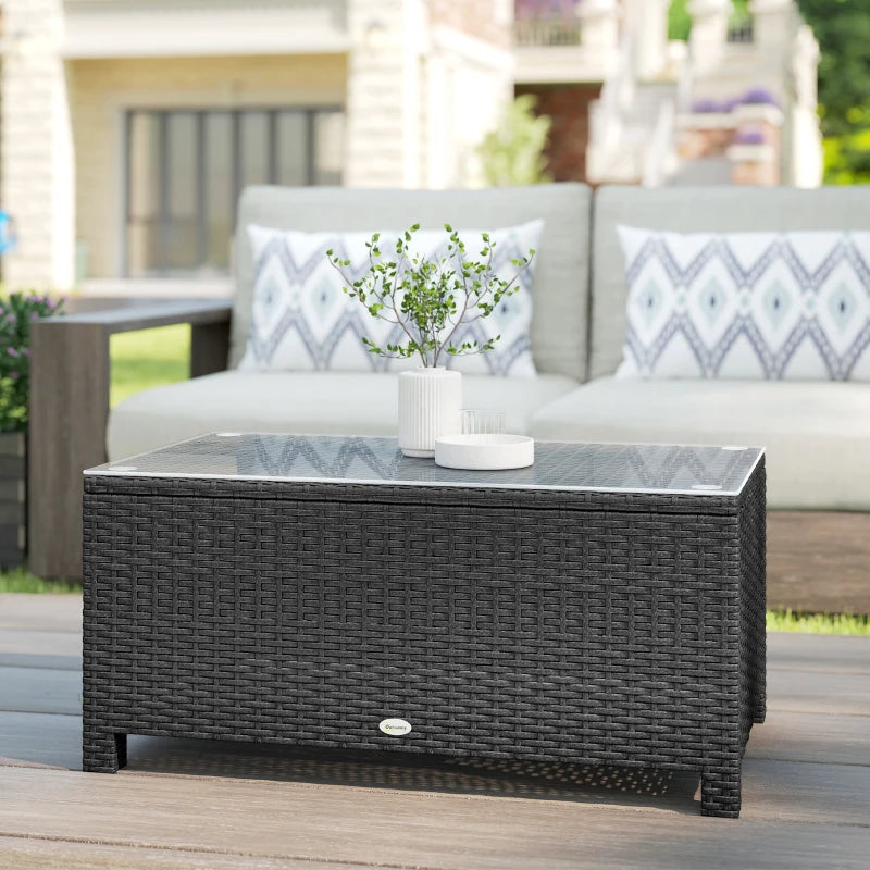 PE Wicker Outdoor Coffee Table with Glass Top Garden Patio Table, Dark Grey