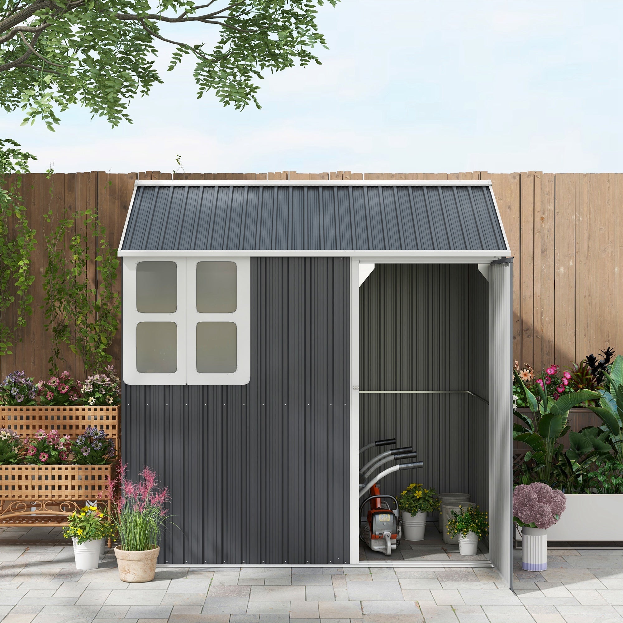 Outsunny Metal Garden Storage Shed 7' x 5.5' Outdoor Tool House Lockable Door Vents Sloped Roof Dark Grey