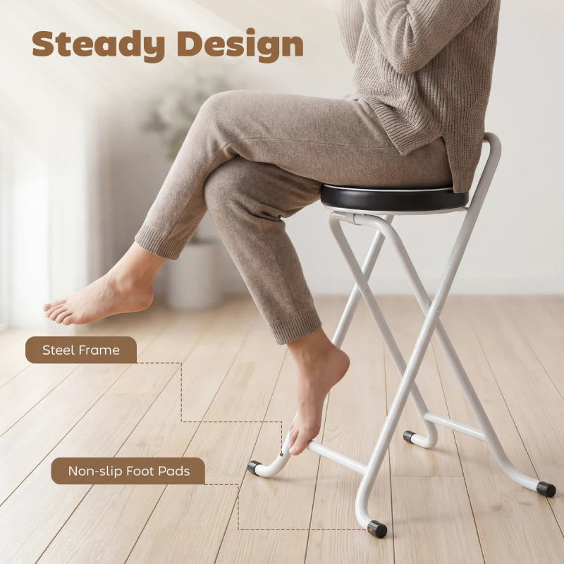 Foldable Bar Stools Set of 2, Folding Kitchen Chairs with PU Cushioned Seat, Footrest, Black