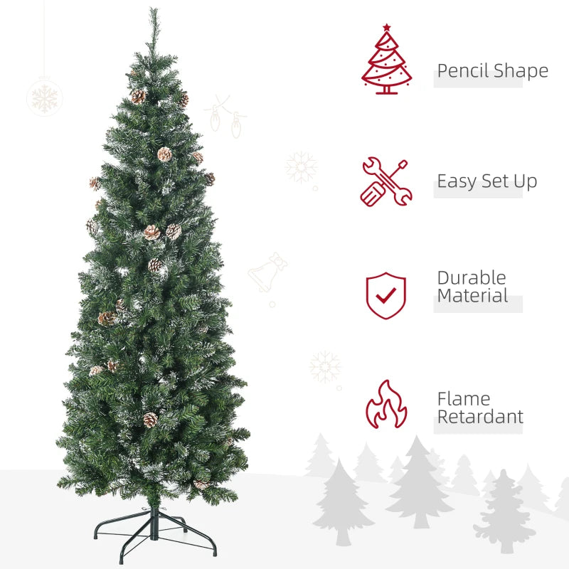 HOMCOM 6ft Prelit Pencil Artificial Christmas Tree – 395 Realistic Branches, 100 LED Lights, Foldable Metal Base, White
