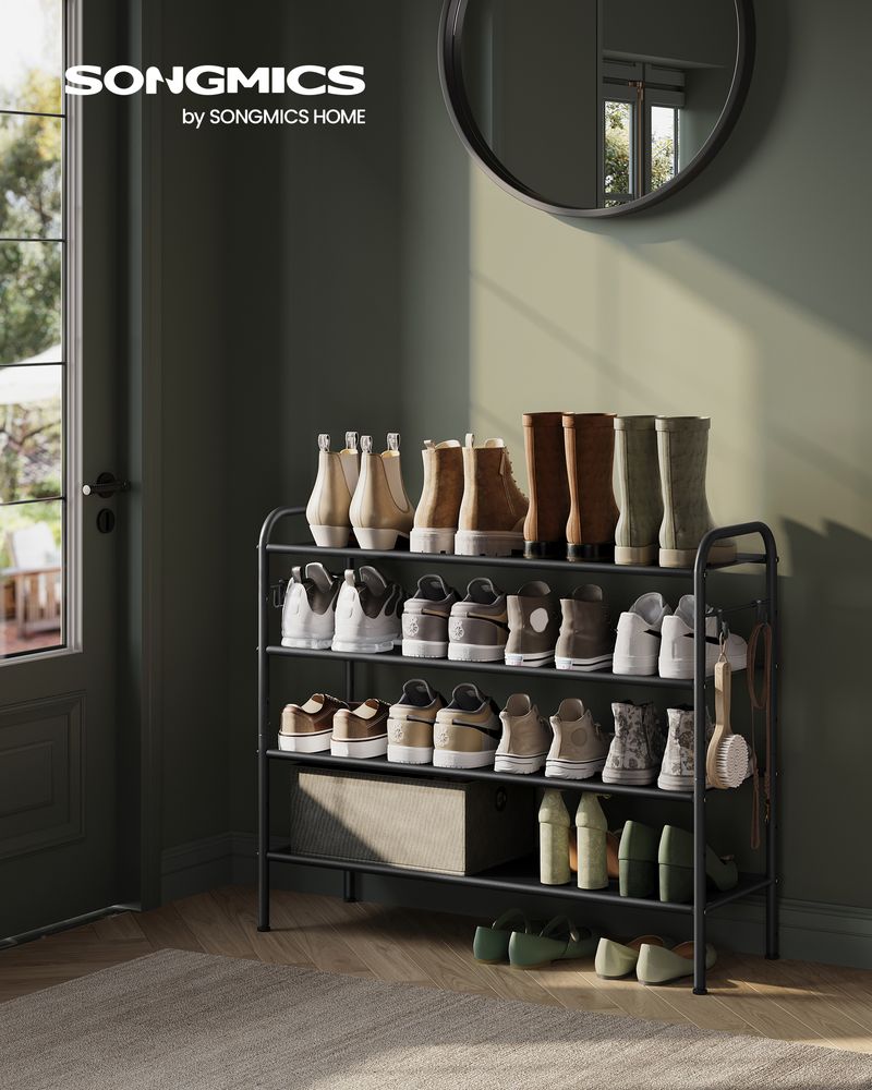SONGMICS Fabric Shoe Rack with 4 Hooks Ink Black