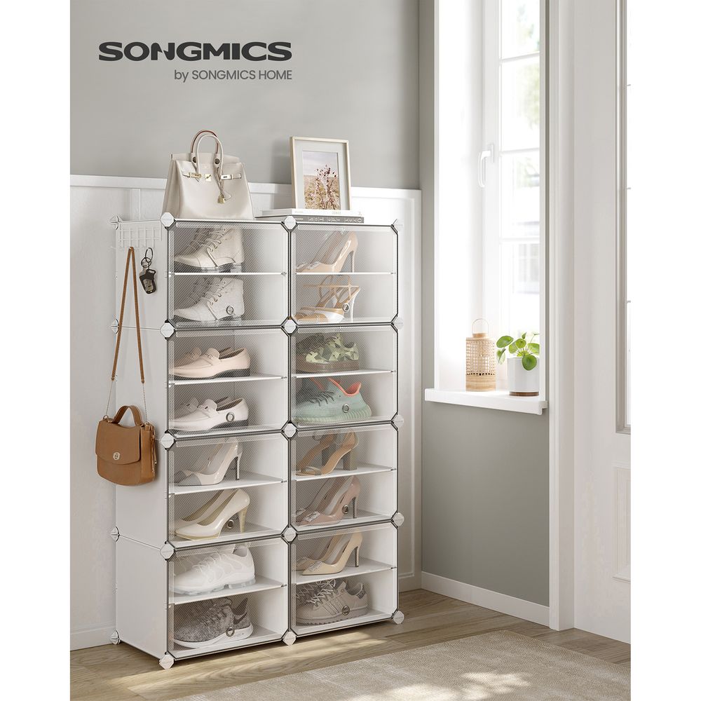 SONGMICS Cubes Plastic Shoe Rack with Doors, Holds Up to 16 to 48 Pair of Shoes