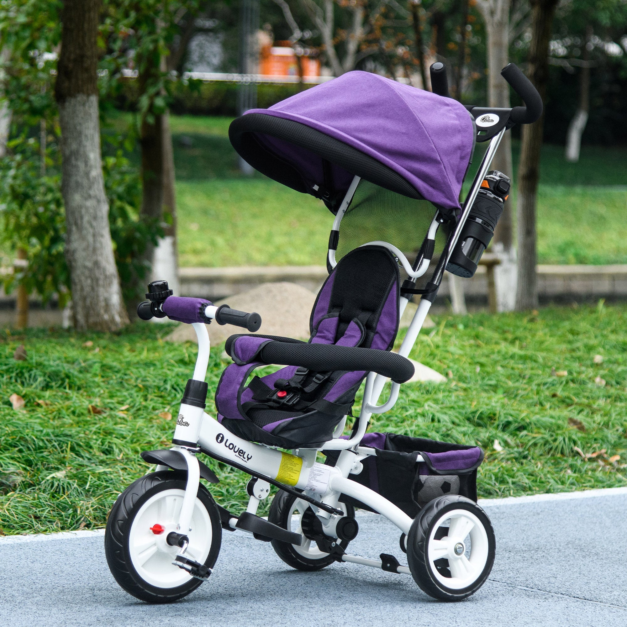 Qaba 4-in-1 Convertible Toddler Tricycle Stroller with Canopy Basket Safety Harness for Kids 12-60 Months Purple
