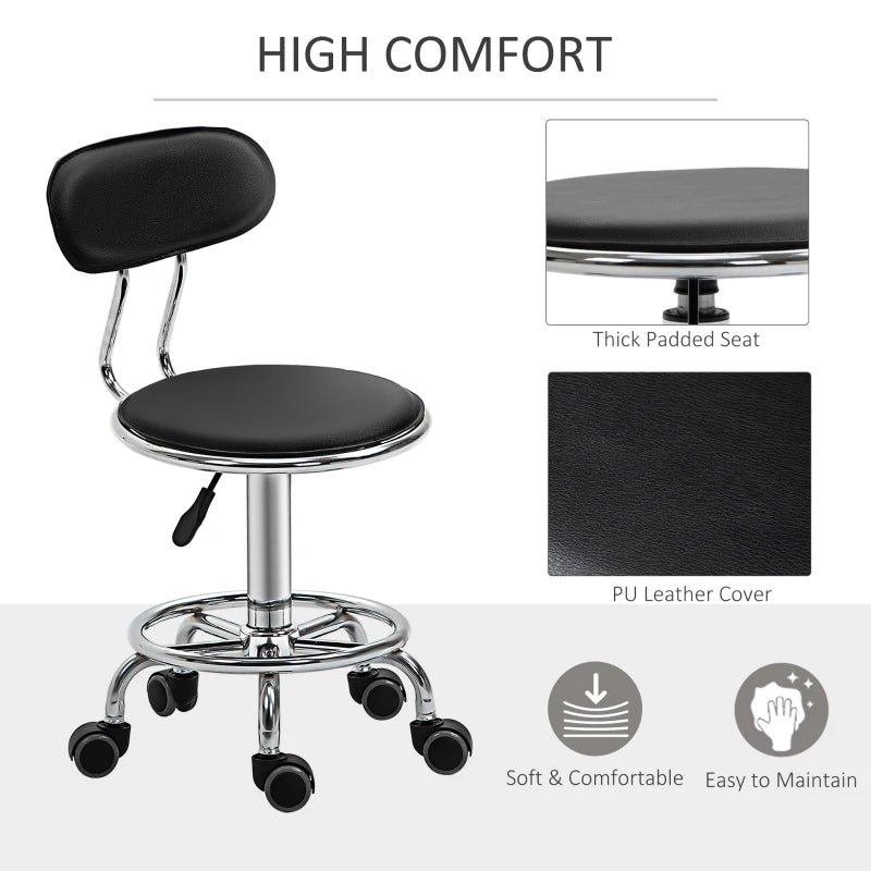 Faux Leather Salon Stool, Height Adjustable Rolling Stool with Footrest Ring, Back and Wheels for Beauty, Tattoo, Black