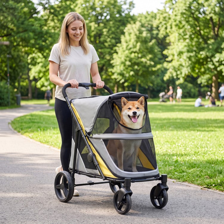 220 lb Heavy-Duty Dog Stroller for Large & Medium Dogs, Foldable Pet Stroller with Shock-Absorbing Wheels, Gray & Yellow