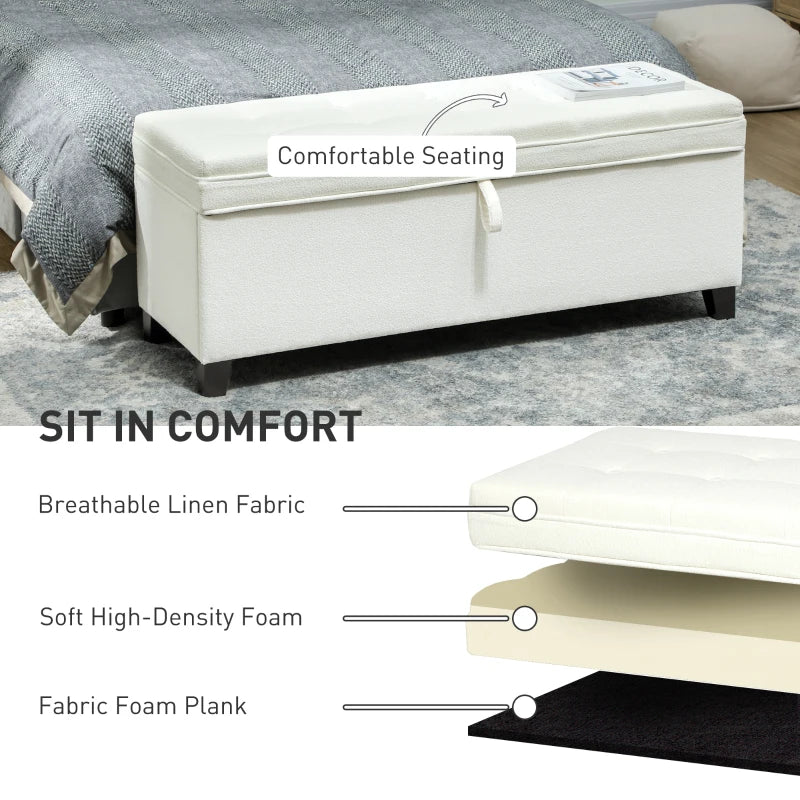 Storage Ottoman Bench, Foot Rest with Safety Hinges, 47 Inches Linen Storage Chest for Living Room, Cream White