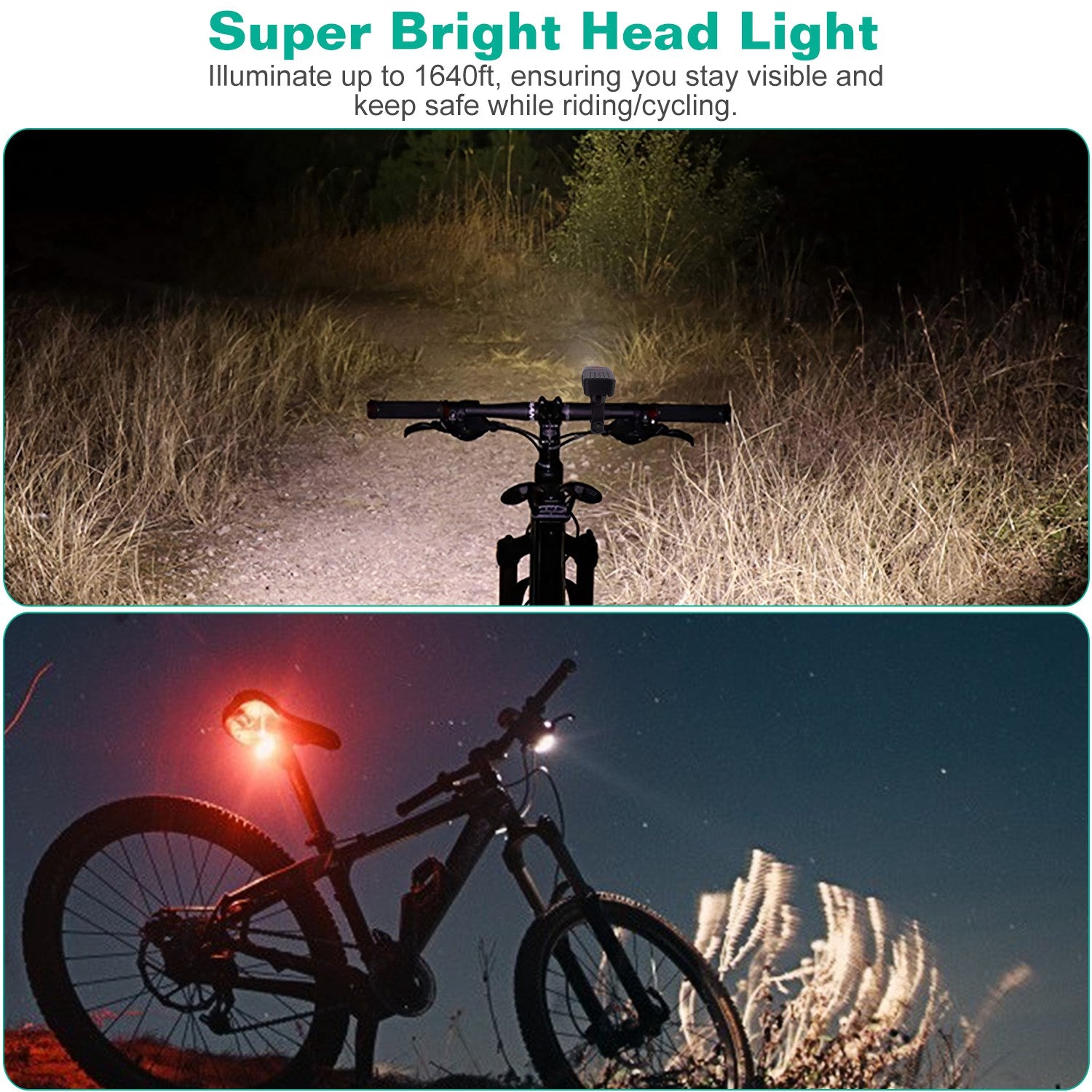 Super Bright Bike Light Set USB Rechargeable Headlight Taillight Set Waterproof LED Bicycle Front and Rear Lights for Night Riding Cycling