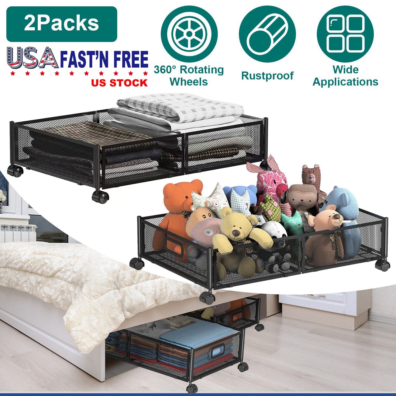2 Pack Under Bed Storage Container Foldable Rolling Storage Bin for Clothes Shoes Storage Cart with Wheels for Bedroom Study Living Room Office