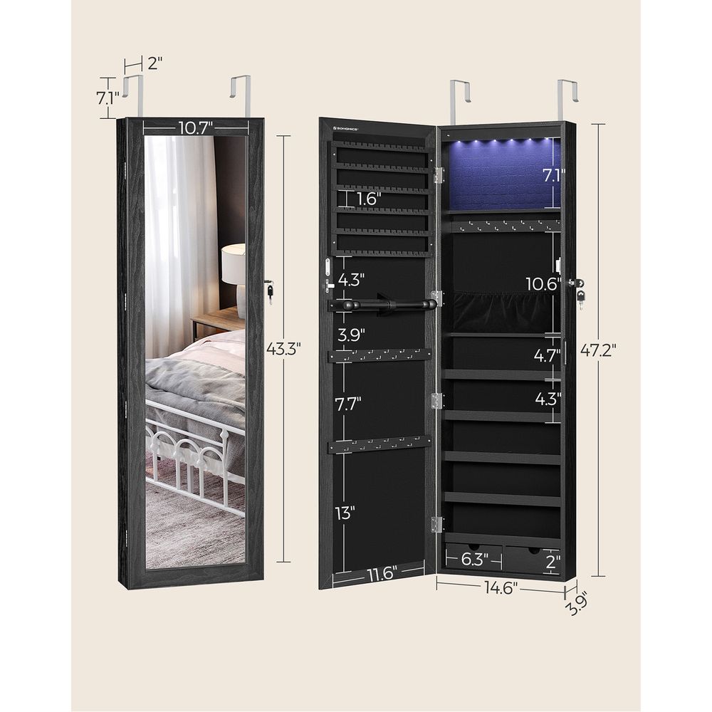 SONGMICS Lockable Wall or Door Mounted Jewelry Armoire Organizer with Mirror