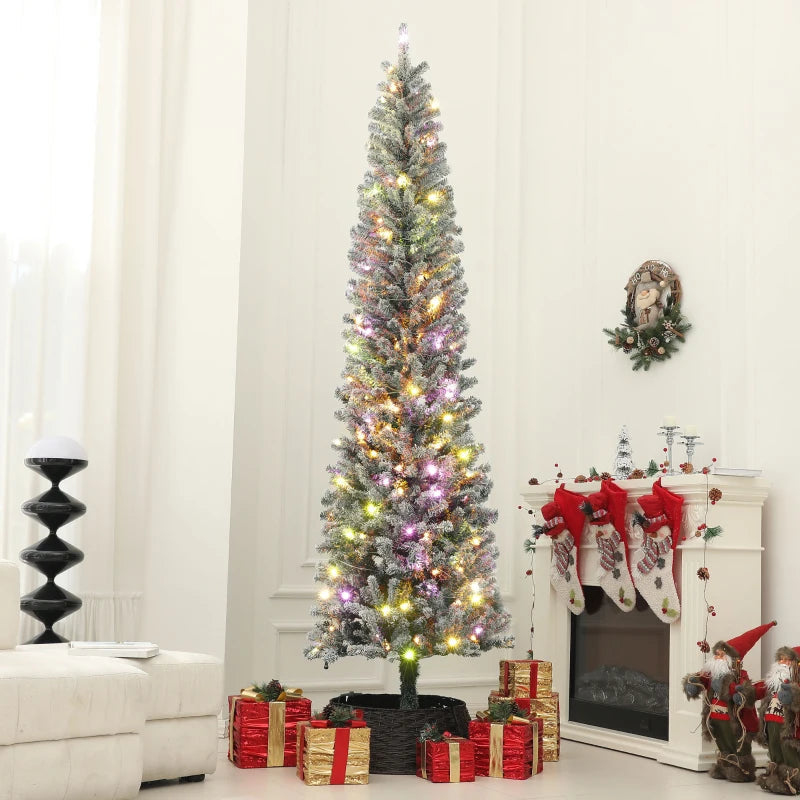 HOMCOM 6FT Prelit Pencil Christmas Tree with Remote, Slim Artificial Flocked Xmas Tree with Dual-Colour LED Lights, 429 Tips & Metal Stand