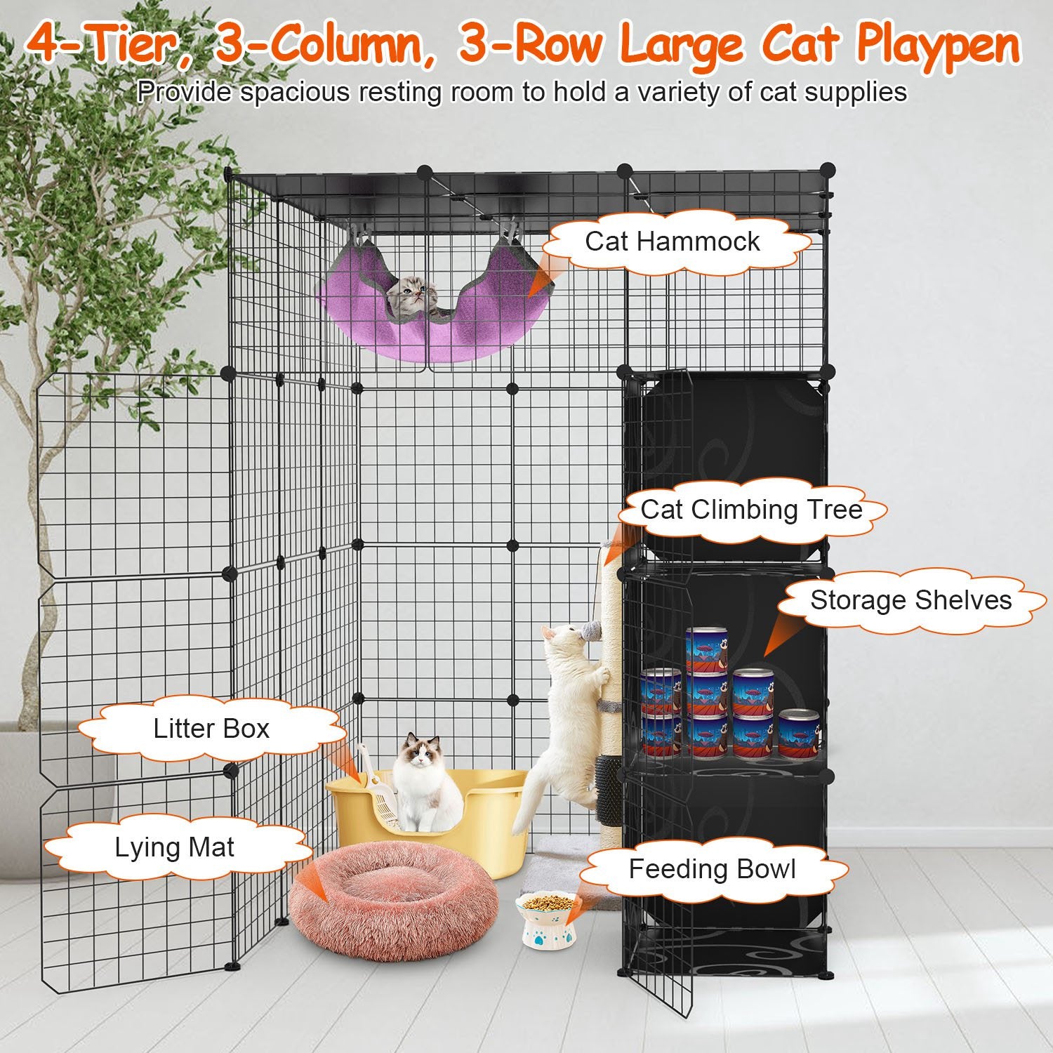 4Tier Cat Playpen Cage Black Iron Indoor Cat House Detachable Kitten House with Storage Shelves Cat Hammock Flexible Installation For 1-4Cats Exercise