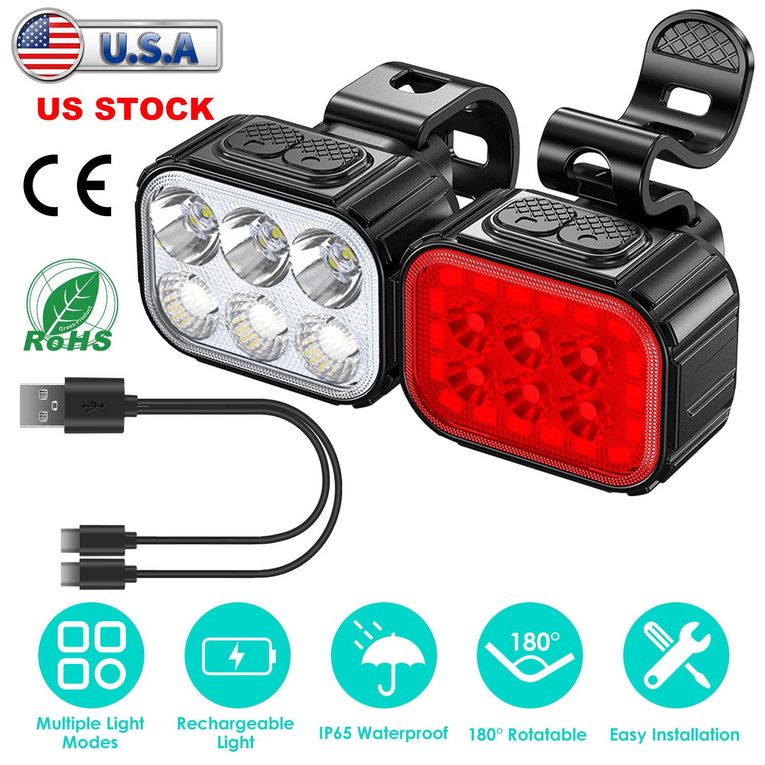 Bike Headlight TailLight IP65 Waterproof Anti-Drop Rechargeable Bicycle Light Set Night Riding Bright Bike Cycling Headlight Taillight Front Light War