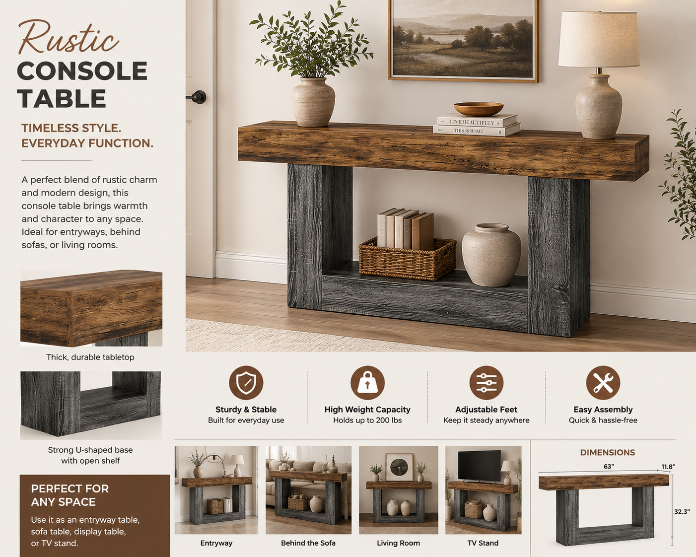 Rustic Farmhouse Console Table – 63” Entryway & Sofa Table